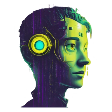 Secret human yellow emoji face agent with  cyberpunk elements with a spyglass scanning looking reviewing multicolor lines of code, cyan and purple colors, only upper body portrait sticker
