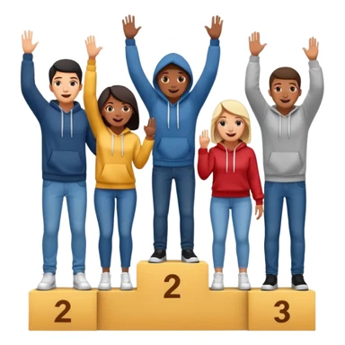 multi-racial people standing on a winners podium with the center step higher to show 1st place, no numbers on the podium, each person casually dressed in fun clothing like jeans and hoodies, excited fun expressive emoji style sticker