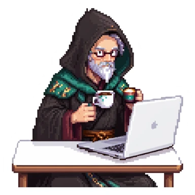 classic wizard upper body coding on a laptop, wearing dark robe, drinking coffee sticker