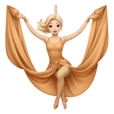 Emoji estilo ilustración de una mujer practicando danza aérea en tela, colgada en telas de seda, expresión feliz, estilo emoji moderno, colores suaves, fondo simple sticker