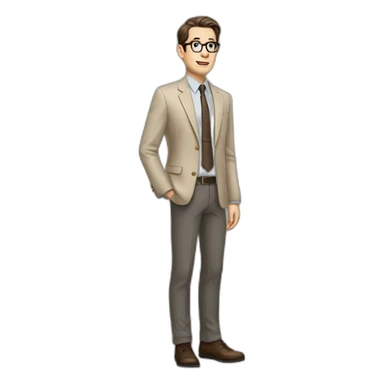 Full height Gesticulating Pale skinned fit man with dark brown hair in gray jacket, beige office shirt, brown tie, brown pants and vintage glasses. sticker