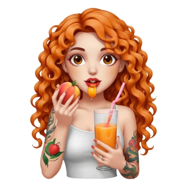 full body woman long curly brown hair brown eyes white skin tattoos holding sliced peach near lips, juice dripping on fingers, playful look sticker