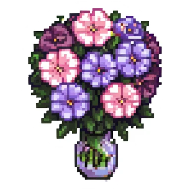 gothic bouquet, mix of black, pink, and purple flowers, cute and chibi, small size, simple details sticker