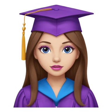 girl with gorgeous long brown hair, blue eyes, long lashes makeup, sexy pink lips, wearing a purple graduation cap and gown sticker