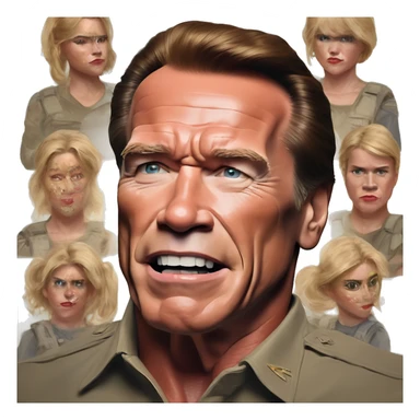 US president Arnold Schwarzenegger in Halo style, oil paint, mysterious eyes, intricate lips, masterpiece pose, odd perspective, beautiful, desirable, logical, midsommar, ikea sticker