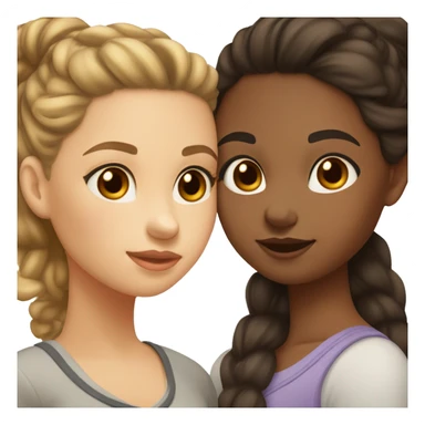 two girls are kissing, one of them has light skin, brown eyes, dark brown hair in a bun, the other has light skin, gray eyes and long brown loose hair sticker