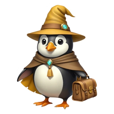 A wizard-explorer penguin inspired by Indiana Jones, wearing a weathered yellow enchanted hat and a flowing cape. It carries a leather satchel with ancient scrolls. Cartoon-style, smooth shading, highly detailed, no background sticker