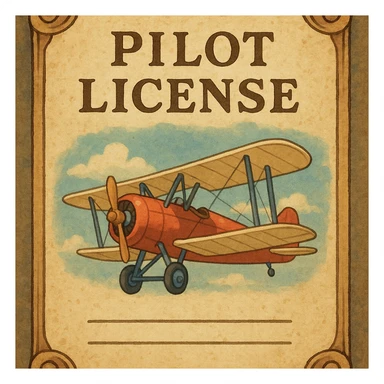 vintage-style pilot license with retro airplane and scroll-like border sticker
