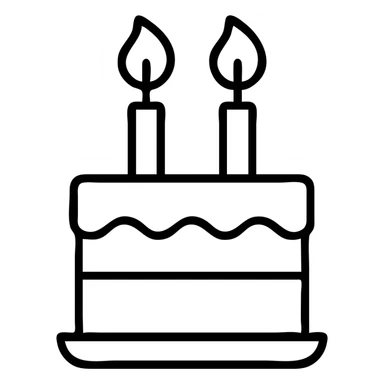 icon-style birthday cake, two candles with dynamic flowing flames, clear and bold sticker