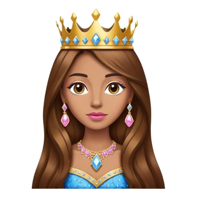 Queen, brown long hair, golden crown encrusted with pink and blue diamonds, black dress sticker