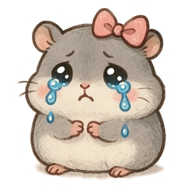 a small, round gray hamster with tears in its eyes and a pink ribbon on its head, cute, expressive style sticker