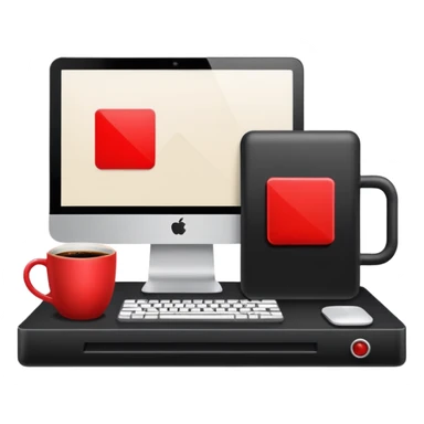 work computer with coffee and red square tag sticker