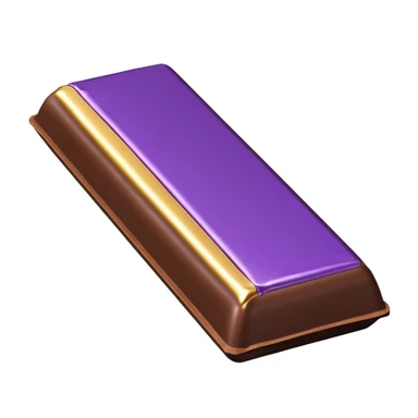 3D chocolate bar in Apple emoji style, shiny and smooth surface, partially unwrapped in a purple and gold foil wrapper, minimal but elegant design, rich brown chocolate with glossy highlights, stylized and iconic, no text or branding, isolated on white background, soft shadows, high-quality render sticker