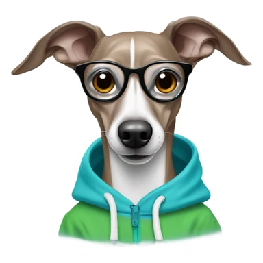 Italian Greyhound showing his teeth wearing a cyan hoodie and glasses sticker