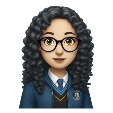 Hyper realistic White girl with long black curly hair and glasses wearing a ravenclaw school inform sticker
