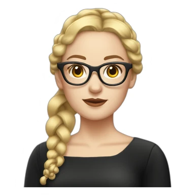 white woman with blonde pigtail braids and large dark rimmed glasses and a square neckline black dress sticker