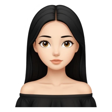 A realistic 3D avatar of a young woman with a soft oval face, slim cheeks, natural almond eyes, long straight black hair, minimal makeup, wearing a black off-shoulder top, elegant and aesthetic, tanned skintone. sticker