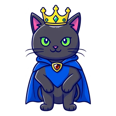 black cat with brilliant neon green eyes wearing a royal blue cape trimmed in gold and a crown with jewels sticker