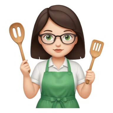 chubby brunette girl with glasses and green eyes with apron holding spatula  sticker