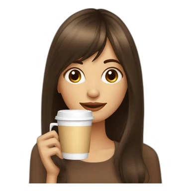 A girl with elongated bangs and long brown hair drinks coffee sticker