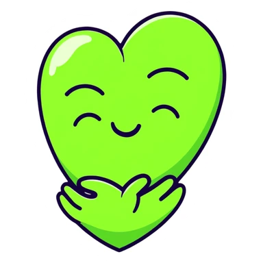 green face emoticon with closed eyes hugging a green heart, expressing care and support sticker