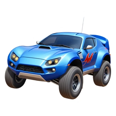 Satan’s (post race) ultra blue Dirty and dented Local Motors Rally Fighter off road race car hot rod flying turning a tight corner (silver wheels) sticker