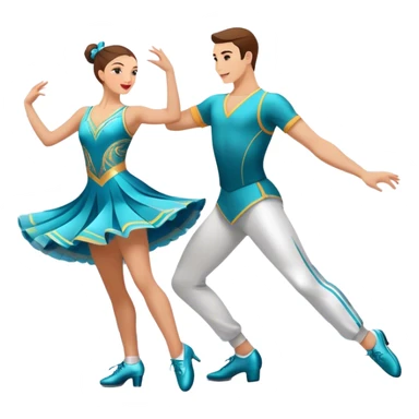 Icon for Sports Dance: a couple performing an energetic and synchronized dance, dressed in competitive dance attire, dance shoes, a rhythmically placed dance floor, and a competition backdrop. The icon should capture the athleticism, technique, and precision of sports dance. Transparent background. sticker