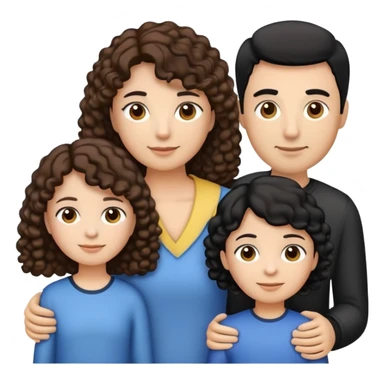 a family emoji consisting of 1 mom with medium length brown curly hair, 1 dad with one sided swept straight black hair. 1 eldest daughter with brown one sided straight hair, 1 middle child daughter with brown curly hair, youngest brother with taper fade haircut black hair.  sticker