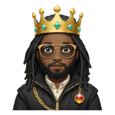 African American man with beardwith shoulder length black dreadlocks wearing black sunglasses with black bubble winter coat weariring a crown on his head sticker
