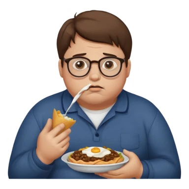 Fat sad guy with brown hair and glasses eating food sticker