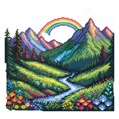 Enchanted meadow with rainbow and crystal mountains sticker
