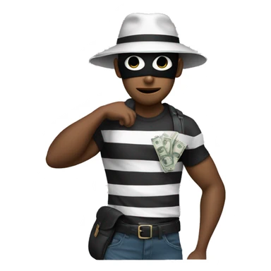 Thief is wearing a T-shirt with white and black stripes, a mask over his eyes, a black hat, and a bag of money slung over his shoulder sticker