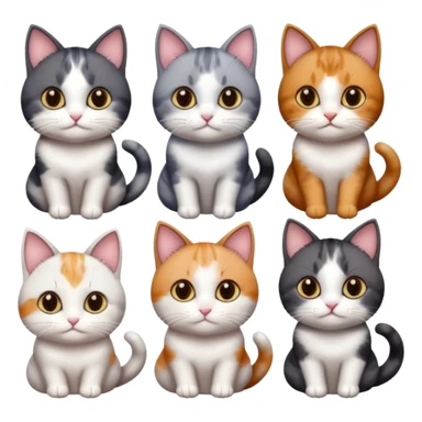 5 different coloured short haired cats including; a dark brown and white cat, and a dark grey and white, and a calico sticker
