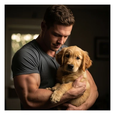 Photo of a musculated man holding puppy golden retriver, low key light sticker