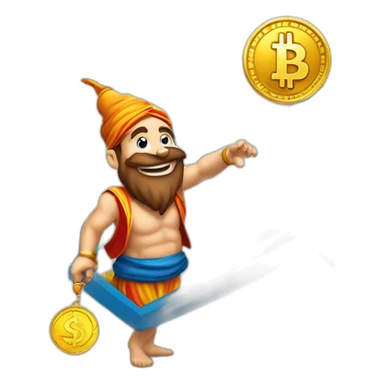 genie with a coin in his hand on the crypto coin graph arrow sticker