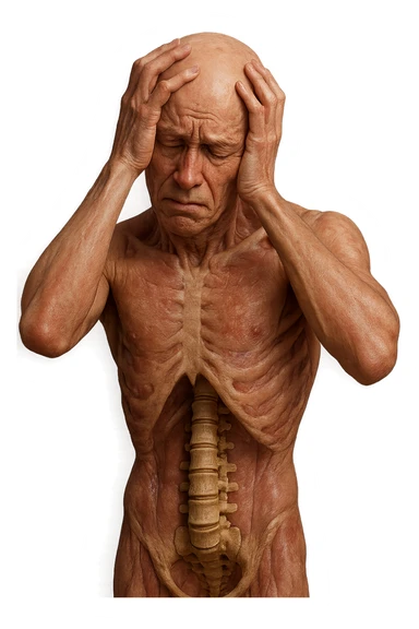 CORPO UMANO ANATOMICO con spina dorsale in evidenza, molto stanca e stressata mentre si tiene le mani sulla testa, IPERREALISTICO 4K sticker