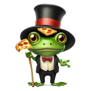 A frog wearing a top hat holding a cane eating pizza upside down sticker