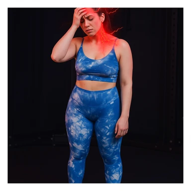 Realistic style edit of the girl identical to the photo with one hand on the forehead and a suffering face, pain symbols like red lights and lightning on neck and head. sticker