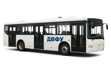 white bus with three doors, inscription "ДВФУ" on the side, realistic style sticker