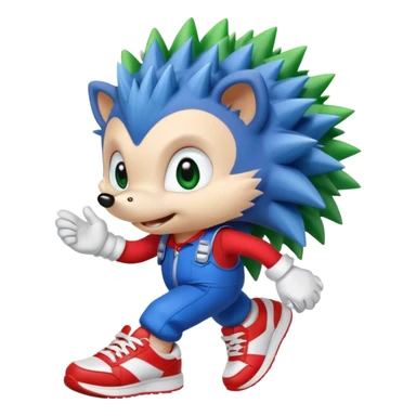Blue anthropomorphic hedgehog, spiky hair, large green eyes, confident smile.Wearing red sneakers with white straps and white gloves. sticker