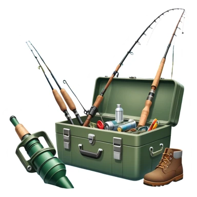 Icon for Fishing: a fishing tackle box, a spinning rods, fishing boots, and a boat by a water body with a beautiful nature backdrop. The icon should evoke the peaceful and adventurous spirit of fishing. Transparent background. sticker