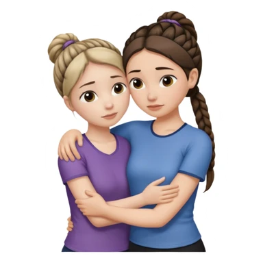 Comforting Hug two white skin women, one shorter woman with medium brown simple top ponytail, not braided, and one taller woman with a single long black side braid sticker