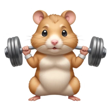 Cute cartoon-style hamster standing upright, wearing a tiny sweatband, lifting oversized dumbbells with determined expression. Soft painterly shading, expressive eyes, white background, sticker-style illustration sticker