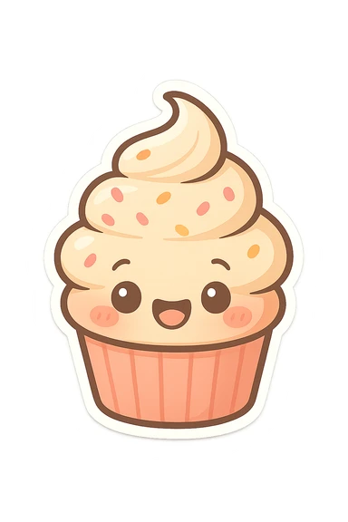 chibi sticker-style cupcake with a smiling face, cute and exaggerated sticker