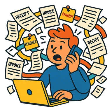 person holding a phone in one hand, laptop open in front, storm of receipts, invoices, and reminders swirling around, multitasking chaos sticker