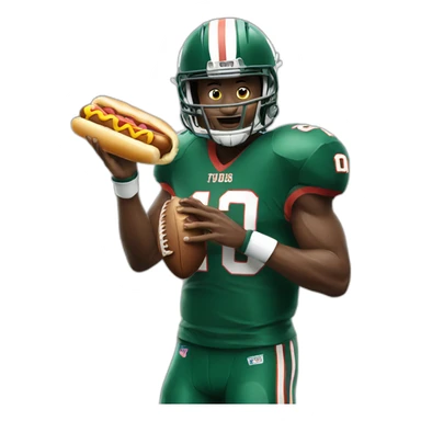 American football player eating a hot dog sticker