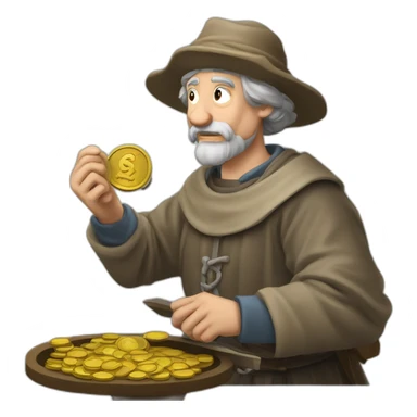 old and experienced coin engraver yielding a coin, medieval age sticker