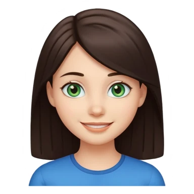 Create a girl with dark brown straight hair and bluey green eyes, cartoon emoji sticker