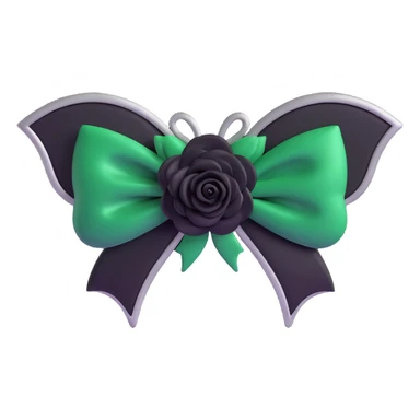 3D emoji gothic bow, deep forest green velvet, silver bat brooch, black rose center, rich and gothic sticker