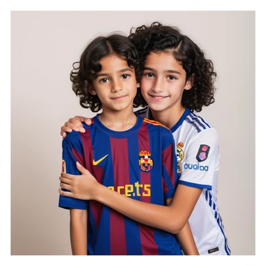 A tall boy with brown eyes, black hair, and white skin, wearing a Barça shirt, hugging a short girl with curly black hair, brown eyes, and bronze skin, wearing a Real Madrid shirt sticker